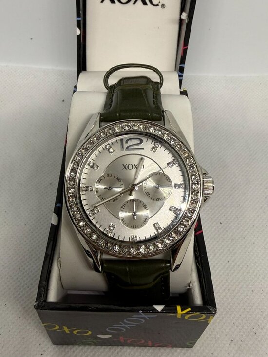 XOXO Accessories - XOXO 3347 Women's 37mm Silver Crystal Bezel Faux Chrono Olive Green Band Watch